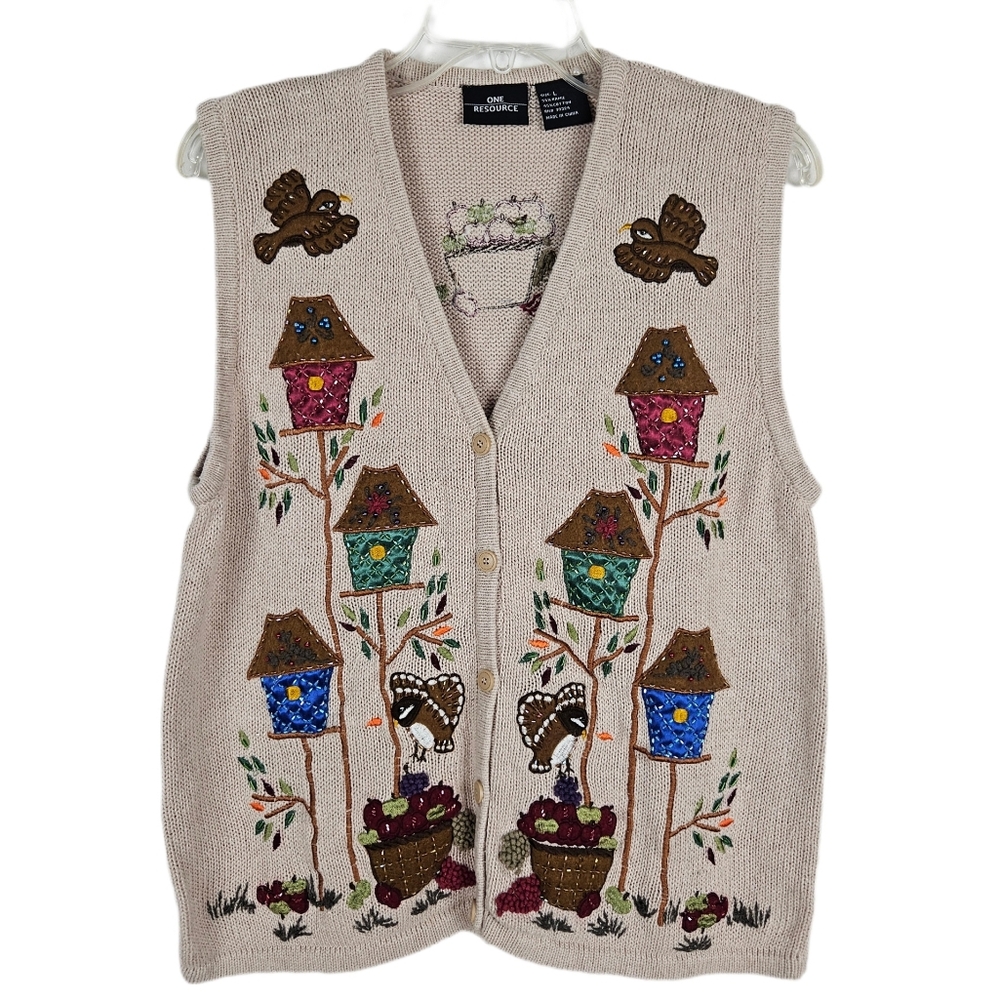 Vintage Knit Vest Fall Birds Birdhouse Apples Large Full Zip Biege One Resource